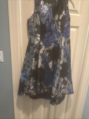 Adrianna Papell Black Dress with Blue and Silver Floral Jacquard High-Low Hem